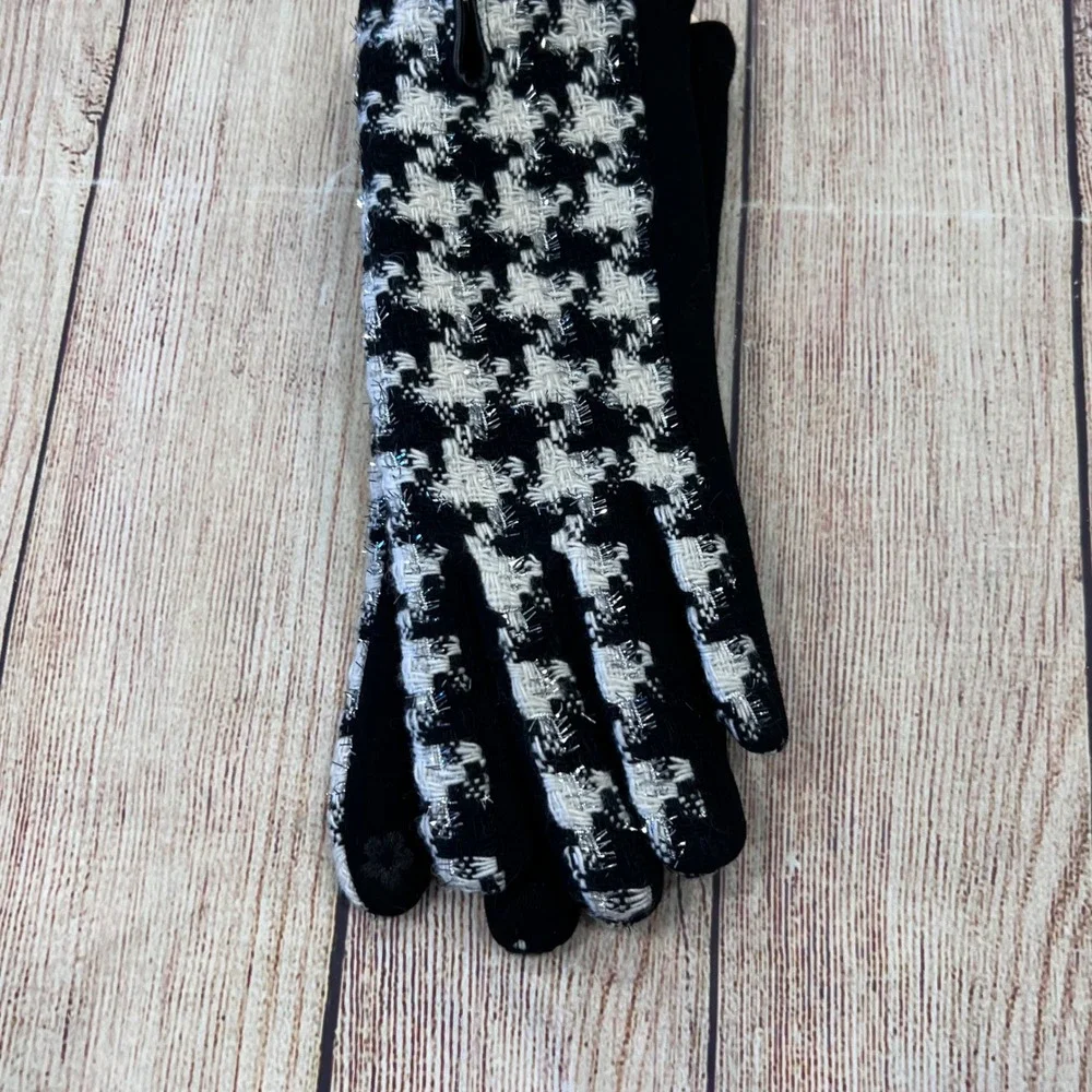 L.I.B. New York Womens Houndstooth Gloves Black White Silver Metallic Tech